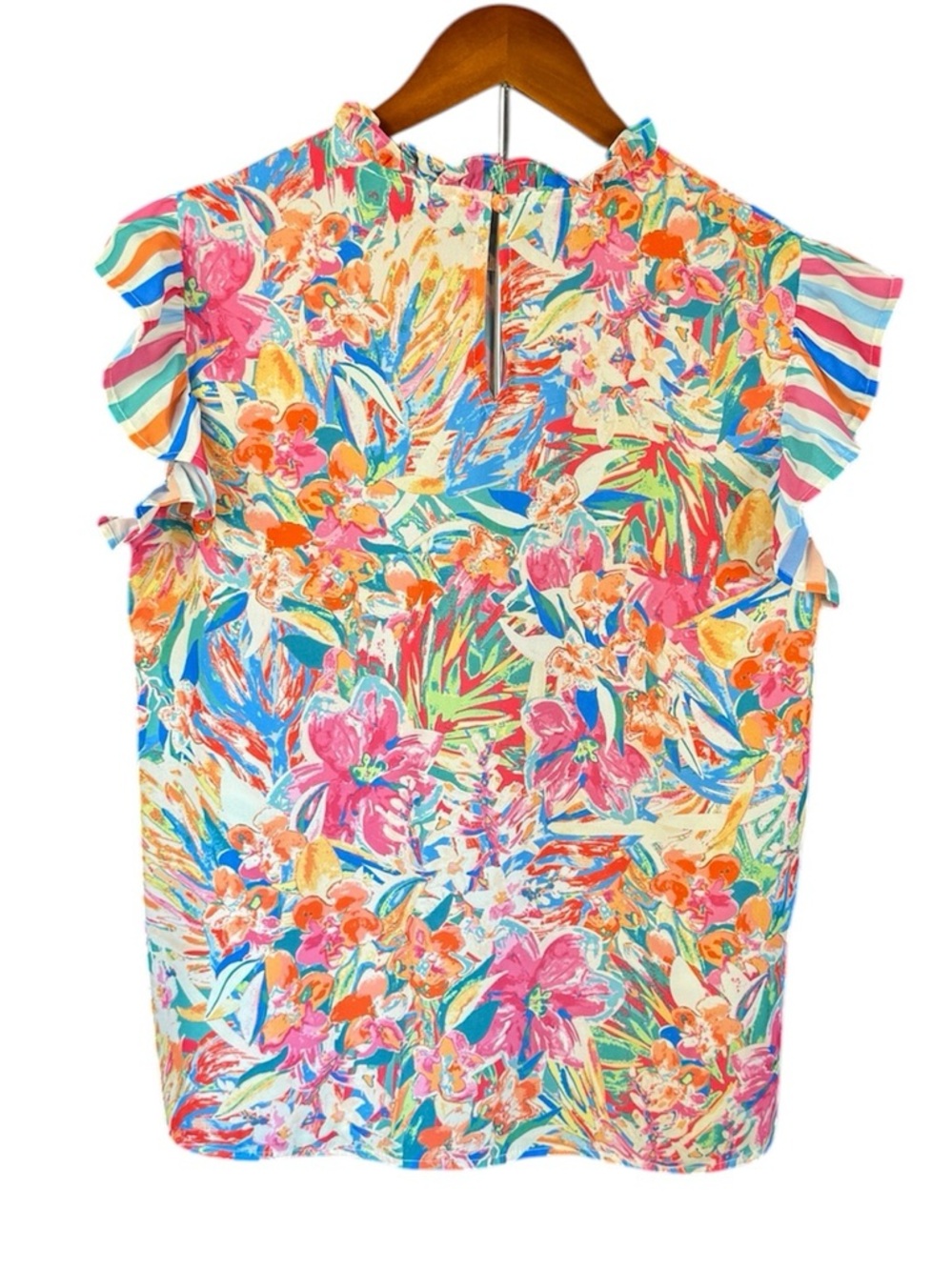 Flying Tomato Tropical Floral Ruffle-Sleeve Top in Pink & Teal - Picture 3 of 8